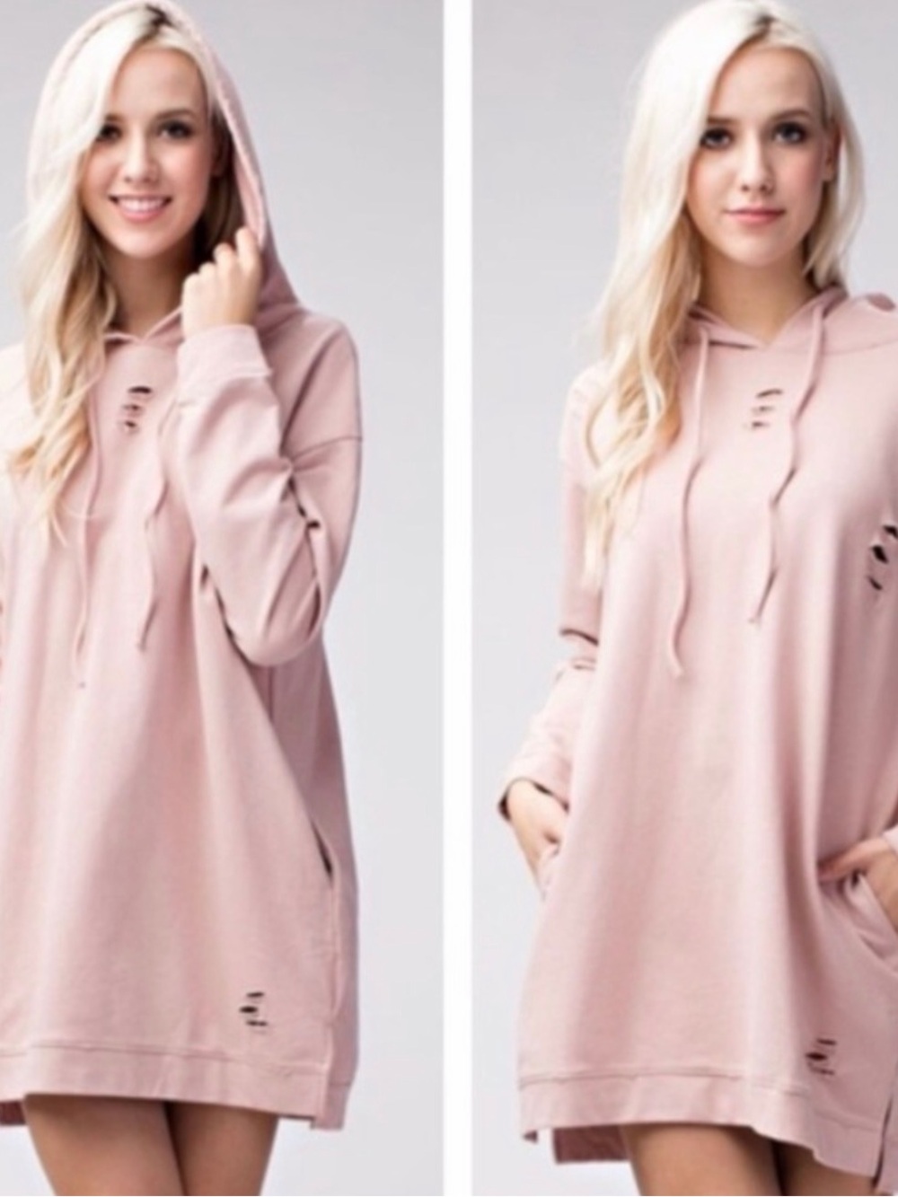 Honey Punch Blush Pink Distressed Hoodie Tunic